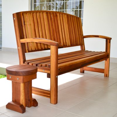 Mini 12 Inch Round Wood Side Table (Options: California Redwood, 16 inches tall, Transparent Premium Sealant) and Luna Benches. 