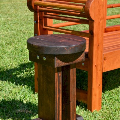 Mini 12 Inch Round Wood Side Table (Options: Old-Growth Redwood, 20 inches tall, Coffee-Stain Premium Sealant). Lutyens Bench in background.