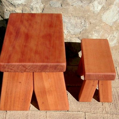 COMPARING STOOL DESIGNS: Heritage and Mini Wooden Foot Stool (Options: Old-Growth Redwood - left, Mature Redwood - right, 13" H - left, 8 1/2" H - right, No Engraving, Transparent Premium Sealant)