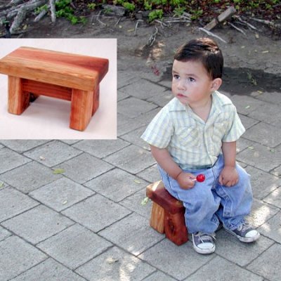 Mini Wooden Foot Stool (Options: California Redwood, 7" H, No Engraving, Transparent Premium Sealant). 2 year old Samuel Antonio Alvarez modeled with the permission of his lovely mother, Iris.