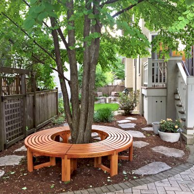 Custom Miramar Half Circle Tree Bench (Options: 7 ft [Full Circle by Custom Request], Douglas-fir, Transparent Premium Sealant). Photo Courtesy of Margaret Jeschke of Oak Park, Illinois. If you would like to order a full circle version, please just order 2!