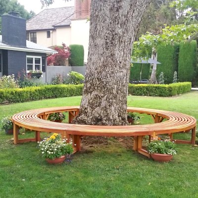 Custom Miramar Half Circle Tree Bench (Options: 12 ft [Full Circle by Custom Request], California Redwood, Transparent Premium Sealant). Photo Courtesy of R. Ann of Santa Ana, CA. If you would like to order a full circle version, please just order 2!