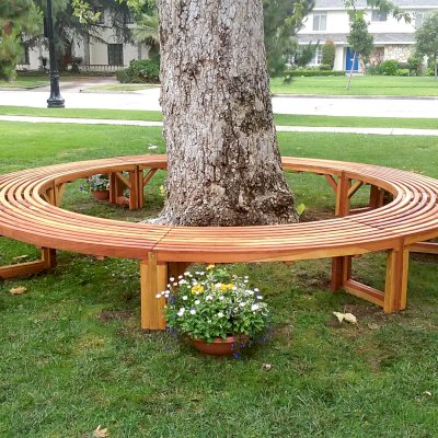Custom Miramar Half Circle Tree Bench (Options: 12 ft [Full Circle by Custom Request], California Redwood, Transparent Premium Sealant). Photo Courtesy of R. Ann of Santa Ana, CA. If you would like to order a full circle version, please just order 2!