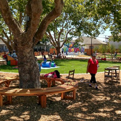 Custom Miramar Half Circle Tree Bench (Options: 10 1/2 ft [Full Circle by Custom Request], California Redwood, Transparent Premium Sealant). Photo Courtesy of Pogo Park of Richmond, CA (www.pogopark.org).