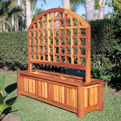 Mission de Oro Planters (Options: 96" L x 30" W x 24" H, 5ft Luna Trellis Design, Redwood, No Sitting Ledge, Add 1-inch feet, Interior and Exterior of Box with Sealant (No Growing Vegetables), Transparent Premium Sealant)
