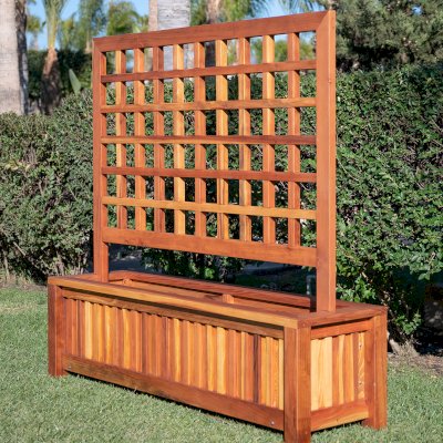 Mission de Oro Planters (Options: 96" L x 30" W x 24" H, 5ft Standard Trellis Design, Redwood, No Sitting Ledge, Add 1-inch feet, Interior and Exterior of Box with Sealant (No Growing Vegetables), Transparent Premium Sealant)