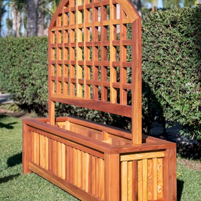 Mission de Oro Planters (Options: 96" L x 30" W x 24" H, 5ft Luna Trellis Design, Redwood, No Sitting Ledge, Add 1-inch feet, Interior and Exterior of Box with Sealant (No Growing Vegetables), Transparent Premium Sealant)