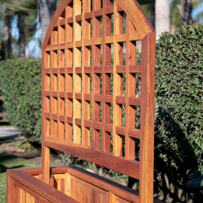 Mission de Oro Planters (Options: 96" L x 30" W x 24" H, 5ft Luna Trellis Design, Redwood, No Sitting Ledge, Add 1-inch feet, Interior and Exterior of Box with Sealant (No Growing Vegetables), Transparent Premium Sealant)