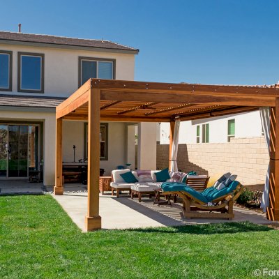 Modern Fat Timber Pergola (Options: 20' L x 14' W, California Redwood, No Rain Guard, 9 ft H, 1 Electrical Wiring Trim, 4 Curtain Rods, 4-Post Anchor Kit for High-Wind, No Post Decorative Trims, 1 Ceiling Fan Base, Transparent Premium Sealant).