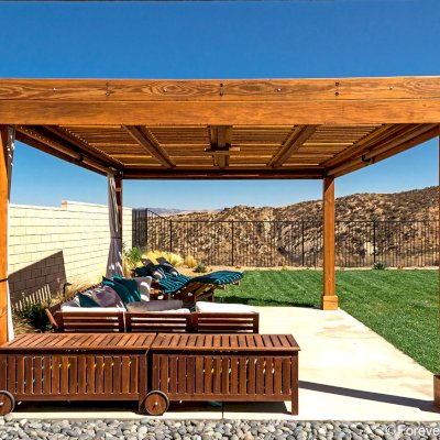 Modern Fat Timber Pergola (Options: 20' L x 14' W, California Redwood, No Rain Guard, 9 ft H, 1 Electrical Wiring Trim, 4 Curtain Rods, 4-Post Anchor Kit for High-Wind, No Post Decorative Trims, 1 Ceiling Fan Base, Transparent Premium Sealant).