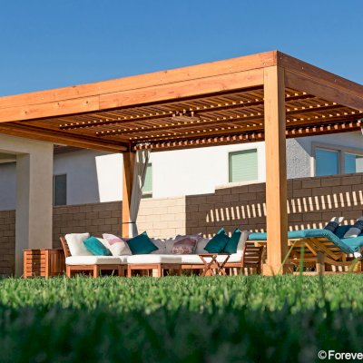 Modern Fat Timber Pergola (Options: 20' L x 14' W, California Redwood, No Rain Guard, 9 ft H, 1 Electrical Wiring Trim, 4 Curtain Rods, 4-Post Anchor Kit for High-Wind, No Post Decorative Trims, 1 Ceiling Fan Base, Transparent Premium Sealant).