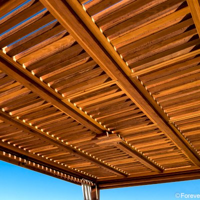 Modern Fat Timber Pergola (Options: 20' L x 14' W, California Redwood, No Rain Guard, 9 ft H, 1 Electrical Wiring Trim, 4 Curtain Rods, 4-Post Anchor Kit for High-Wind, No Post Decorative Trims, 1 Ceiling Fan Base, Transparent Premium Sealant).