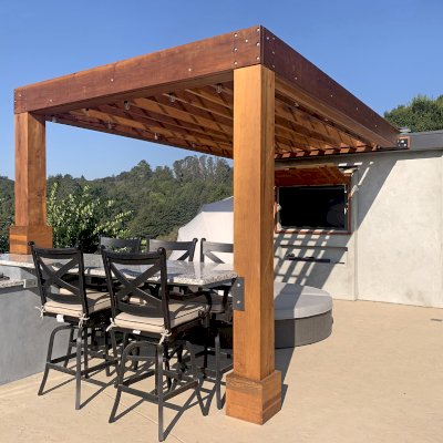 Custom Modern Fat Timber Pergola (Options: 20' L x 14' W, California Redwood, No Rain Guard, 9 ft H, No Electrical Wiring Trim, No Curtain Rods, Attached to Existing Building, 2-Post Anchor Kit for Concrete, No Post Decorative Trims, No Ceiling Fan Base, Transparent Premium Sealant). Photo Courtesy of Andy D'amico of Soquel, CA.
