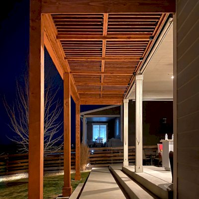 Attached Modern Louvered Garden Pergola (Options: 20' L x 8' W, 8'' x 8'' Posts, Mobile Louvers, Douglas-fir, With Fascia Boards, 12 ft H, No Electrical Wiring Trim, No Curtain Rods, 4 Post Anchor Kit for High-Wind, No Post Decorative Trims, No Ceiling Fan Base, Coffee-Stain Premium Sealant). Attached to House by Custom Request. 