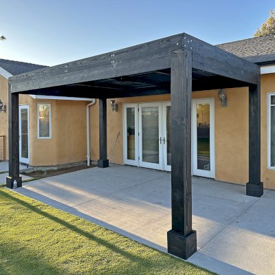 Modern Louvered Garden Pergola (Options: 16' L x 10' W, Douglas-fir, with a Ceiling Fan Base, 9.5' H Posts, Electrical Trim for 1 Post, 4-Post Anchor Kit for Concrete, Black Stain Premium Sealant).