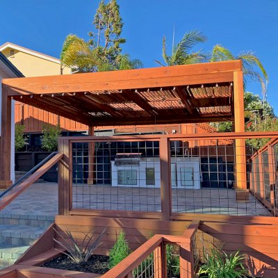 Modern Louvered Garden Pergola (Options: 20' L x 18' W, 8'' x 8'' Posts, with Fascia, Mobile Louvers, California Redwood, 9.5 ft H, Electrical Wiring Trim for 2 Posts, No Curtain Rods, 4 Post Anchor Kit for Concrete, No Post Decorative Trims, No Ceiling Fan Base, Transparent Premium Sealant). Photo Courtesy of D. Parker of San Carlos, California.