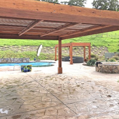 Modern Louvered Garden Pergola (Options: 20' L x 15' W, 8'' x 8'' Posts, Mobile Louvers, Mature Redwood, 9.5 ft H, 1 Electrical Wiring Trim, 4-Post Anchor Kit for High-Wind, No post decorative trims, 1 Ceiling Fan Base, Transparent Premium Sealant) & Custom Pergola. Photo Courtesy of D. Ruprecht of Hollister, CA.