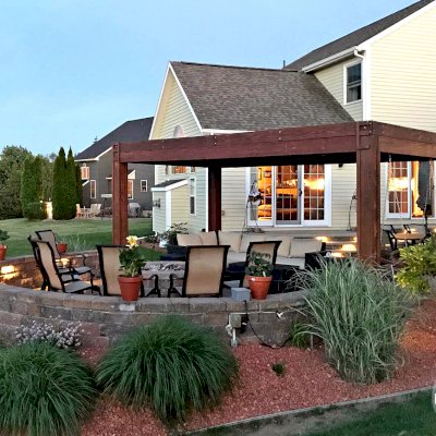 Modern Louvered Garden Pergola (Options: 10' L x 18' W, 8'' x 8'' Posts, Mobile Louvers, Mature Redwood, 9 ft H, 2 Electrical Wiring Trims, 4 Post Anchor Kit for Concrete, Custom Vertical Post Decorative Trims, No Ceiling Fan Base, Coffee-Stain Premium Sealant). Photo Courtesy of D. Gauthier of Liverpool, NY.