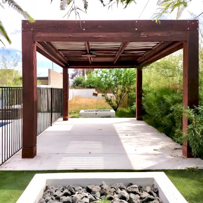 Modern Louvered Garden Pergola (Options: 18' L x 12' W, 10'' x 10'' Posts, Mobile Louvers, California Redwood, 9.5 ft H, 1 Electrical Wiring Trim, 2 Curtain Rods, 4 Post Anchor Kit for Concrete [Seamless by Custom Request], No Post Decorative Trims, 1 Ceiling Fan Base, Coffee-Stain Premium Sealant). Photo Courtesy of G. Hewson of Phoenix, Arizona.