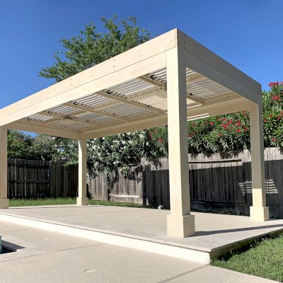 Custom Modern Louvered Garden Pergola (Options: 20' L x 10' W, 8'' x 8'' Posts, Mobile Louvers, Douglas-fir, 8.5 ft H, 1 Electrical Wiring Trim, No Curtain Rods, 4 Post Anchor Kit for Concrete, 2 Ceiling Fan Bases, White Stain Premium Sealant). Photo Courtesy of G. Rodriguez of Cypress, TX.