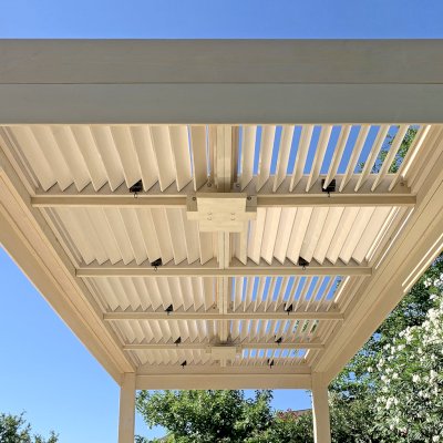 Custom Modern Louvered Garden Pergola (Options: 20' L x 10' W, 8'' x 8'' Posts, Mobile Louvers, Douglas-fir, 8.5 ft H, 1 Electrical Wiring Trim, No Curtain Rods, 4 Post Anchor Kit for Concrete, 2 Ceiling Fan Bases, White Stain Premium Sealant). Photo Courtesy of G. Rodriguez of Cypress, TX.