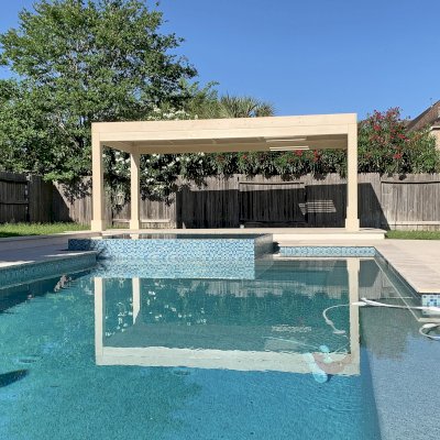 Custom Modern Louvered Garden Pergola (Options: 20' L x 10' W, 8'' x 8'' Posts, Mobile Louvers, Douglas-fir, 8.5 ft H, 1 Electrical Wiring Trim, No Curtain Rods, 4 Post Anchor Kit for Concrete, 2 Ceiling Fan Bases, White Stain Premium Sealant). Photo Courtesy of G. Rodriguez of Cypress, TX.