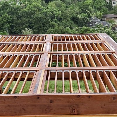 Modern Louvered Garden Pergola (Options: 20' L x 10' W, 8'' x 8'' Posts, Mobile Louvers, California Redwood, No Privacy Wall, Electrical Wiring Trim for 2 Posts, With Fascia, 4 Curtain Rods, 4 Post Anchor Kit for Concrete, No Post Decorative Trims, No Ceiling Fan Base, Transparent Premium Sealant). Photo Courtesy of J. Holder of Lafayette, CA.