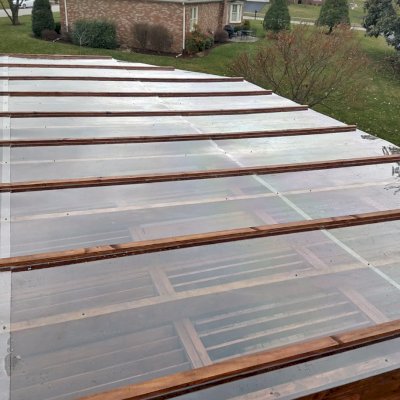 Custom Modern Louvered Garden Pergola (Options: 32' L x 18' W, 10'' x 10'' Posts, Mobile Louvers, Douglas-fir, 10 ft H, No Electrical Wiring Trim, No Curtain Rods, 6 Post Anchor Kit for Concrete, No Ceiling Fan Base, No Trim Kits for The Posts, Transparent Premium Sealant, with Rain Guard System for Waterproofing). Photo Courtesy of J. Cole of Louisville, Kentucky.