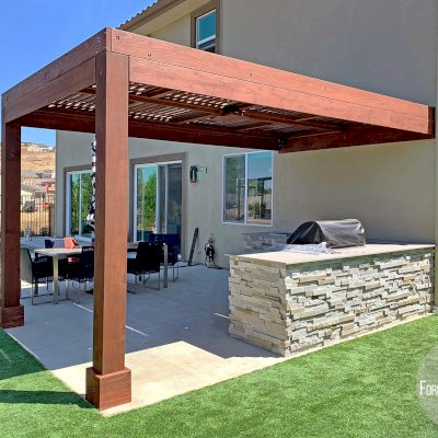 Modern Louvered Garden Pergola (Options: 16' L x 10' W, 8" x 8" Posts, Mobile Louvers, California Redwood, 9.5 ft H, 1 Electrical Wiring Trim, No Curtain Rods, 2 Post Anchor Kit for Concrete, Attached to Wall by Custom Request, No Post Decorative Trims, 1 Ceiling Fan Base, Coffee Stain Premium Sealant). Photo Courtesy of J. Murphy of Eldorado Hills, California.