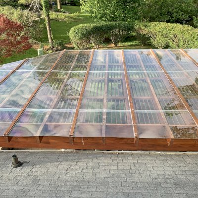 Custom Modern Louvered Garden Pergola (Options: 32' L x 18' W, 10'' x 10'' Posts, Mobile Louvers, Douglas-fir, 10 ft H, No Electrical Wiring Trim, No Curtain Rods, 6 Post Anchor Kit for Concrete, No Ceiling Fan Base, No Trim Kits for The Posts, Transparent Premium Sealant, with Rain Guard System for Waterproofing). Photo Courtesy of J. Cole of Louisville, Kentucky.
