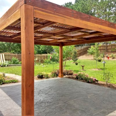 Modern Louvered Garden Pergola (Options: 16' L x 16' W, 8'' x 8'' Posts, Mobile Louvers, California Redwood, 9 ft H, No Electrical Wiring Trim, No Curtain Rods, 4 Post Anchor Kit for Concrete, No Post Decorative Trims, No Ceiling Fan Base, Transparent Premium Sealant). Photo Courtesy of J. McLaughlin of Cary, North Carolina.