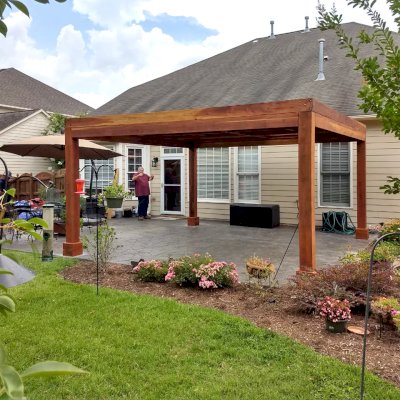 Modern Louvered Garden Pergola (Options: 16' L x 16' W, 8'' x 8'' Posts, Mobile Louvers, California Redwood, 9 ft H, No Electrical Wiring Trim, No Curtain Rods, 4 Post Anchor Kit for Concrete, No Post Decorative Trims, No Ceiling Fan Base, Transparent Premium Sealant). Photo Courtesy of J. McLaughlin of Cary, North Carolina.