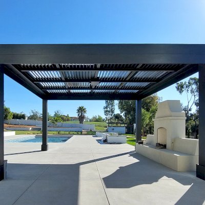 Modern Louvered Garden Pergola (Options: 17' L x 16'-6'' W, 10'' x 10'' Posts, Mobile Louvers, Douglas-fir, 9.5 ft H, 2 Electrical Wiring Trims, With Fascia, No Curtain Rods, 4 Post Anchor Kit for Concrete, No Post Decorative Trims, 1 Ceiling Fan Base, Black Stain Premium Sealant).