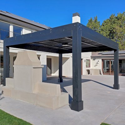Modern Louvered Garden Pergola (Options: 17' L x 16'-6'' W, 10'' x 10'' Posts, Mobile Louvers, Douglas-fir, 9.5 ft H, 2 Electrical Wiring Trims, With Fascia, No Curtain Rods, 4 Post Anchor Kit for Concrete, No Post Decorative Trims, 1 Ceiling Fan Base, Black Stain Premium Sealant).
