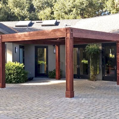 Modern Louvered Garden Pergola (Options: 16' L x 16' W, 8'' x 8'' Posts, Mobile Louvers, California Redwood, 9.5 ft H, 1 Electrical Wiring Trim, No Curtain Rods, 4 Post Anchor Kit for Concrete, 1 Ceiling Fan Base, Custom Vertical Trim Kits for The Posts, Coffee-Stain Premium Sealant). Photo Courtesy of L. Arms of Atherton, California.