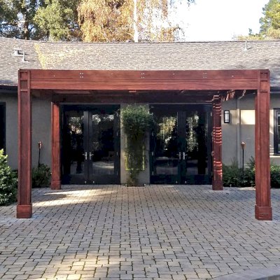Modern Louvered Garden Pergola (Options: 16' L x 16' W, 8'' x 8'' Posts, Mobile Louvers, California Redwood, 9.5 ft H, 1 Electrical Wiring Trim, No Curtain Rods, 4 Post Anchor Kit for Concrete, 1 Ceiling Fan Base, Custom Vertical Trim Kits for The Posts, Coffee-Stain Premium Sealant). Photo Courtesy of L. Arms of Atherton, California.