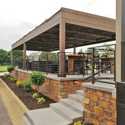 Modern Louvered Garden Pergola (Options: 44' L x 18' W, 8'' x 8'' Posts, Mobile Louvers, Douglas-fir, 10 ft H, No Electrical Wiring Trim, 4 Curtain Rods, 6 Post Anchor Kit for Concrete, With Clear Polycarbonate Roofing Atop Pergola Framing by Custom Request, No Post Decorative Trims, No Ceiling Fan Bases, Coffee-Stain Premium Sealant). Photo Courtesy of M. Hudson of Rogers, Arkansas.