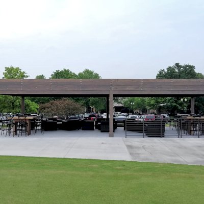 Modern Louvered Garden Pergola (Options: 44' L x 18' W, 8'' x 8'' Posts, Mobile Louvers, Douglas-fir, 10 ft H, No Electrical Wiring Trim, 4 Curtain Rods, 6 Post Anchor Kit for Concrete, With Clear Polycarbonate Roofing Atop Pergola Framing by Custom Request, No Post Decorative Trims, No Ceiling Fan Bases, Coffee-Stain Premium Sealant). Photo Courtesy of M. Hudson of Rogers, Arkansas.
