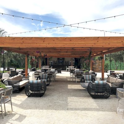 Modern Louvered Garden Pergola (Options: 40' L x 24' W, 8'' x 8'' Posts, Mobile Louvers, Douglas-fir, 10 ft H, No Electrical Wiring Trim, 6-Post Anchor Kit for High-Wind, No post decorative trims, No Ceiling Fan Base, Transparent Premium Sealant). Photo Courtesy of the Miami Open at Dolphins Stadium in Miami, Florida.