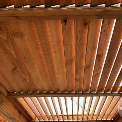 Modern Louvered Garden Pergola (Options: 40' L x 24' W, 8'' x 8'' Posts, Mobile Louvers, Douglas-fir, 10 ft H, No Electrical Wiring Trim, 6-Post Anchor Kit for High-Wind, No post decorative trims, No Ceiling Fan Base, Transparent Premium Sealant). Photo Courtesy of the Miami Open at Dolphins Stadium in Miami, Florida.