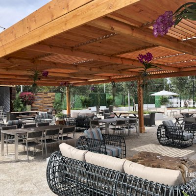 Modern Louvered Garden Pergola (Options: 40' L x 24' W, 8'' x 8'' Posts, Mobile Louvers, Douglas-fir, 10 ft H, No Electrical Wiring Trim, 6-Post Anchor Kit for High-Wind, No post decorative trims, No Ceiling Fan Base, Transparent Premium Sealant). Photo Courtesy of the Miami Open at Dolphins Stadium in Miami, Florida.