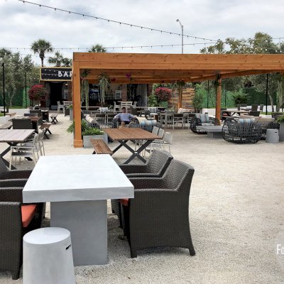 Modern Louvered Garden Pergola (Options: 40' L x 24' W, 8'' x 8'' Posts, Mobile Louvers, Douglas-fir, 10 ft H, No Electrical Wiring Trim, 6-Post Anchor Kit for High-Wind, No post decorative trims, No Ceiling Fan Base, Transparent Premium Sealant). Photo Courtesy of the Miami Open at Dolphins Stadium in Miami, Florida.