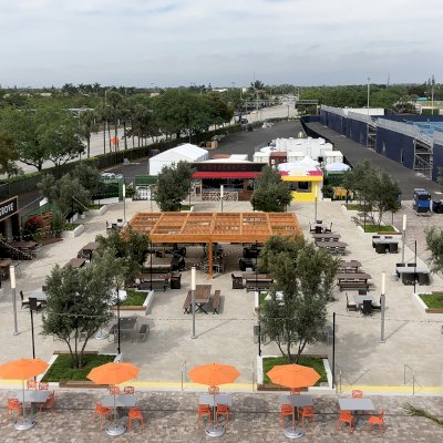 Modern Louvered Garden Pergola (Options: 40' L x 24' W, 8'' x 8'' Posts, Mobile Louvers, Douglas-fir, 10 ft H, No Electrical Wiring Trim, 6-Post Anchor Kit for High-Wind, No post decorative trims, No Ceiling Fan Base, Transparent Premium Sealant). Photo Courtesy of the Miami Open at Dolphins Stadium in Miami, Florida.