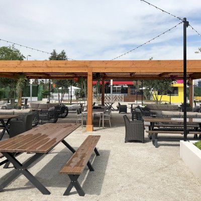 Modern Louvered Garden Pergola (Options: 40' L x 24' W, 8'' x 8'' Posts, Mobile Louvers, Douglas-fir, 10 ft H, No Electrical Wiring Trim, 6-Post Anchor Kit for High-Wind, No post decorative trims, No Ceiling Fan Base, Transparent Premium Sealant). Photo Courtesy of the Miami Open at Dolphins Stadium in Miami, Florida.