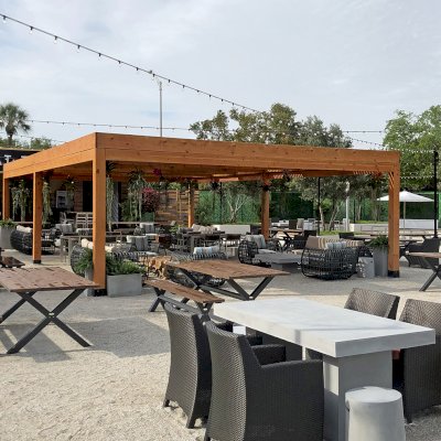 Modern Louvered Garden Pergola (Options: 40' L x 24' W, 8'' x 8'' Posts, Mobile Louvers, Douglas-fir, 10 ft H, No Electrical Wiring Trim, 6-Post Anchor Kit for High-Wind, No post decorative trims, No Ceiling Fan Base, Transparent Premium Sealant). Photo Courtesy of the Miami Open at Dolphins Stadium in Miami, Florida.