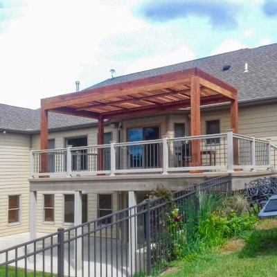 Modern Louvered Garden Pergola (Options: 20' L x 12' W, 8'' x 8'' Posts, Mobile Louvers, California Redwood, 9.5 ft H, 1 Electrical Wiring Trim, 1 Curtain Rod, 4 Post Anchor Kit for Concrete, No Post Decorative Trims, No Ceiling Fan Base, Transparent Premium Sealant). Photo Courtesy of N. Korte of Trenton, Illinois.