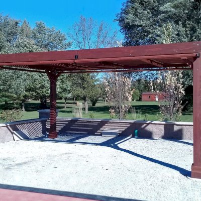 Modern Louvered Garden Pergola (Options: 20' L x 12' W, 8'' x 8'' Posts, Mobile Louvers, California Redwood, 9.5 ft H, No Electrical Wiring Trim, 4 Curtain Rods, 4 Post Anchor Kit for Concrete, No post decorative trims, No Ceiling Fan Base, Coffee-Stain Premium Sealant). Photo Courtesy of R. RybarskI of Palos Park, Illinois. 