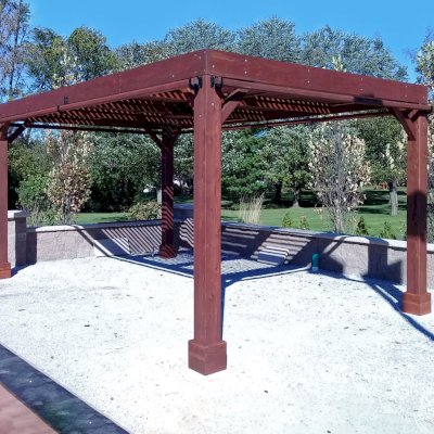 Modern Louvered Garden Pergola (Options: 20' L x 12' W, 8'' x 8'' Posts, Mobile Louvers, California Redwood, 9.5 ft H, No Electrical Wiring Trim, 4 Curtain Rods, 4 Post Anchor Kit for Concrete, No post decorative trims, No Ceiling Fan Base, Coffee-Stain Premium Sealant). Photo Courtesy of R. RybarskI of Palos Park, Illinois. 