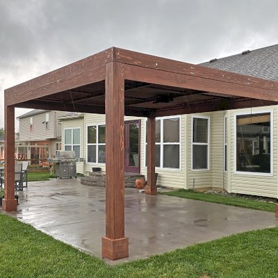 Modern Louvered Garden Pergola (Options: 14' L x 14' W, 8'' x 8'' Posts, Mobile Louvers, California Redwood, 9 ft H, 1 Electrical Wiring Trim, No Curtain Rods, 4 Post Anchor Kit for Concrete, No Post Decorative Trims, 1 Ceiling Fan Base, Coffee Stain Premium Sealant).