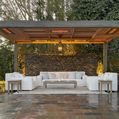Custom Modern Louvered Garden Pergola (Options: 19' L x 11'-5" W, 8'' x 8'' Posts, Some Mobile Louvered Panels and Some Fixed Panels to Install Heaters by Custom Request, California Redwood, 9.5 ft H, No Electrical Wiring Trim, No Curtain Rods, 4 Post Anchor Kit for Concrete, No Post Decorative Trims, 2 Ceiling Fan Bases, Custom Weathered Finish was Applied). Photo Courtesy of S. Guthrie of Malibu, California.